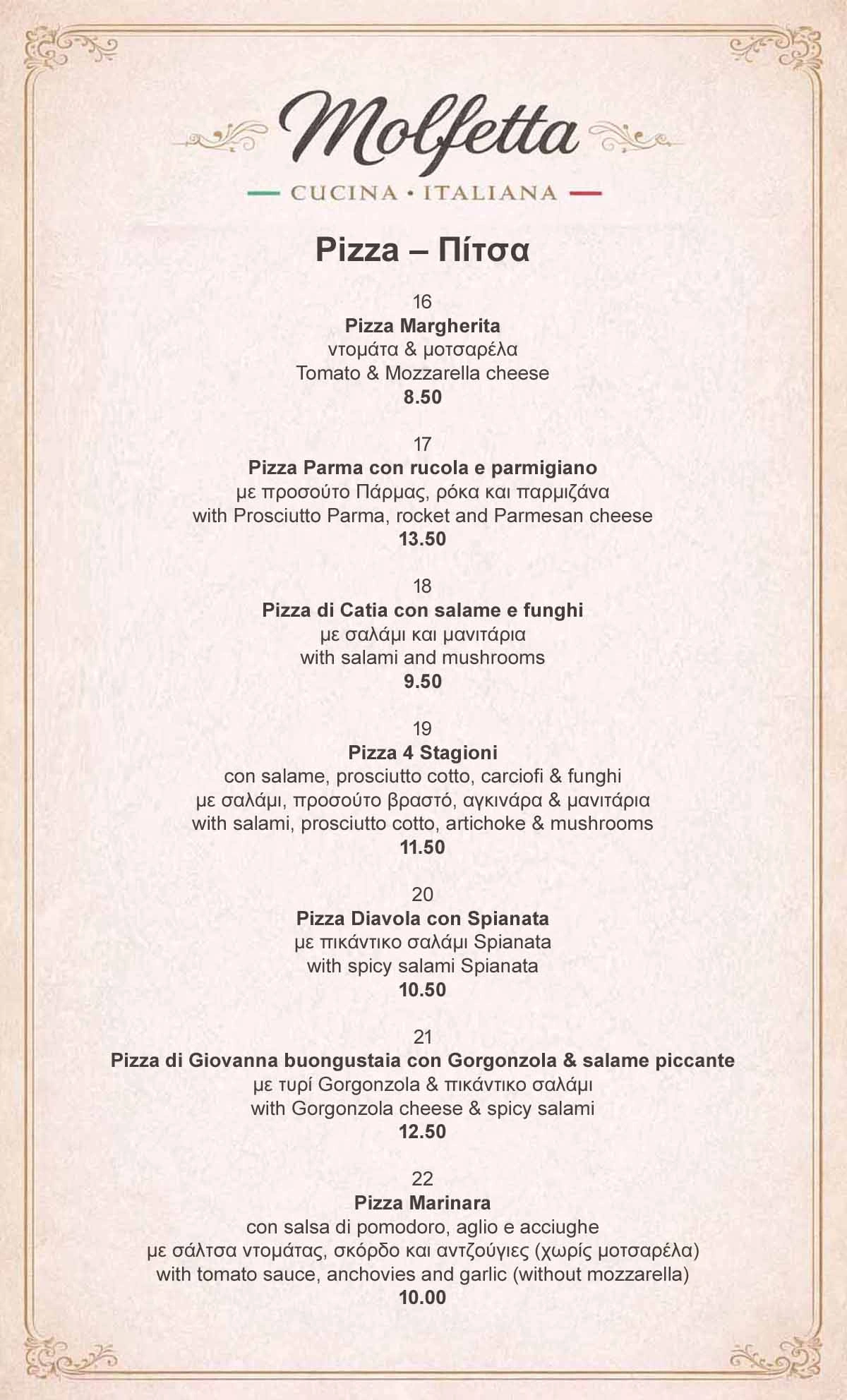 Molfetta Menu Pizza
